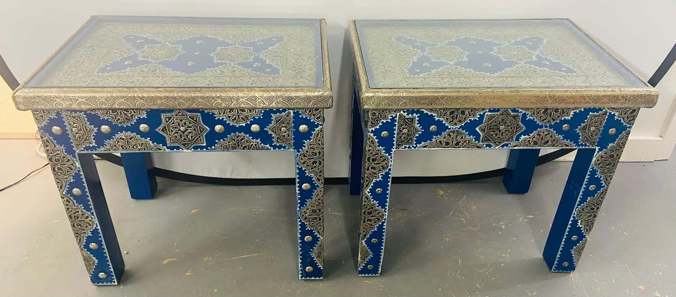 Hollywood Regency Style Moroccan Brass Blue Rectangular Side or End Table, Pair