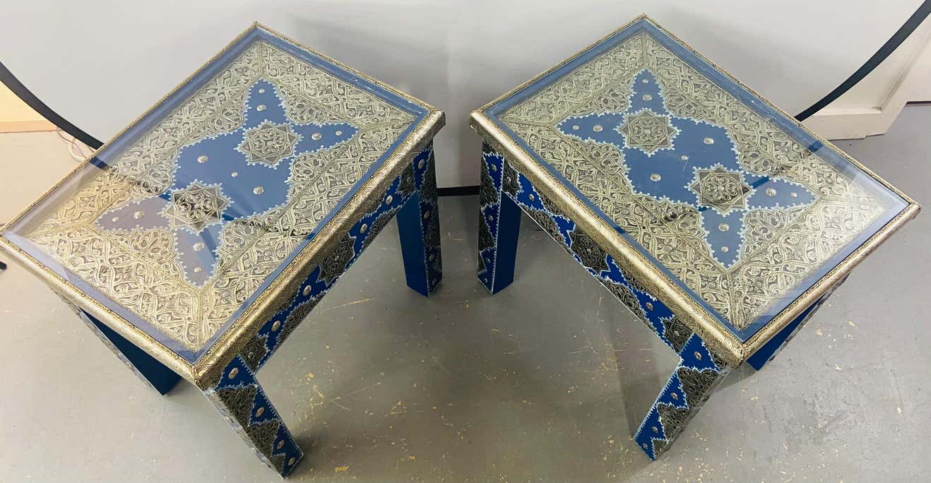 Hollywood Regency Style Moroccan Brass Blue Rectangular Side or End Table, Pair