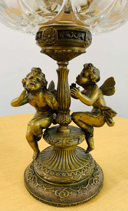 French Bronze and Cut Crystal Bowl With Cherubs and Swans Design