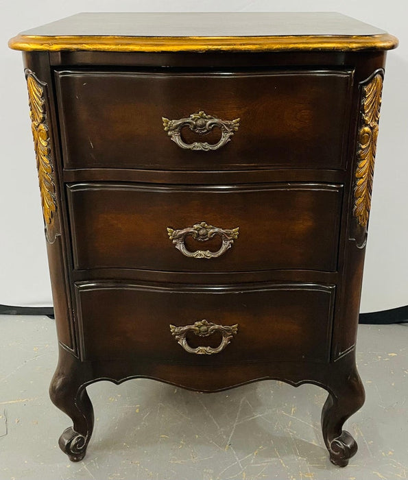French Provincial 3 Drawer Mahogany Gilt Decorated Nightstand Table , a Pair
