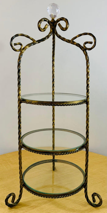 Diminutive French Wrought Iron Decorative Etagere with Round Glass Shelves