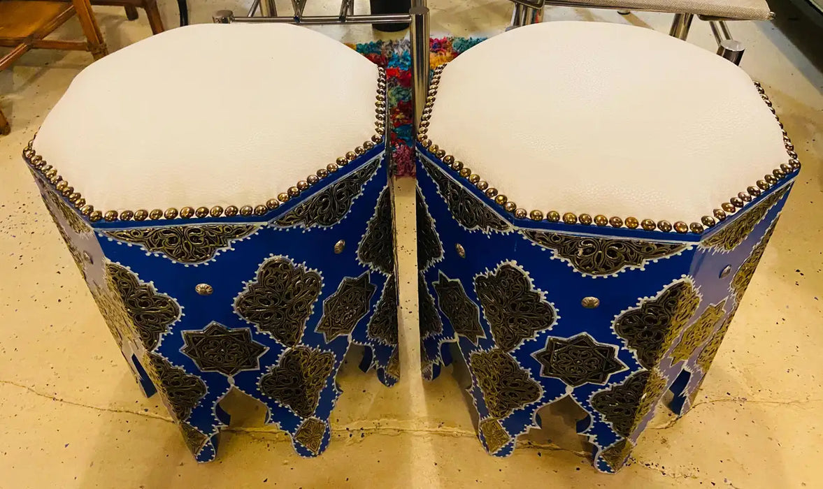 Boho Chic Moroccan Blue Majorelle Stool or Ottoman with White Leather Top, Pair