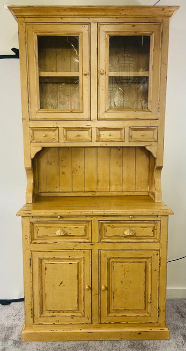 Antique French Farm Style Cabinet With Hutch in Off-White/ Beige
