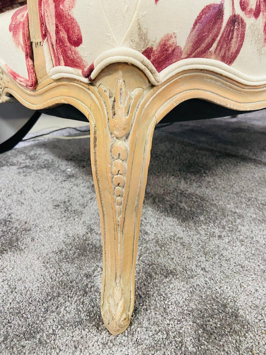 French Louis XV Style Settee or Canape With Floral Upholstery in Red & White