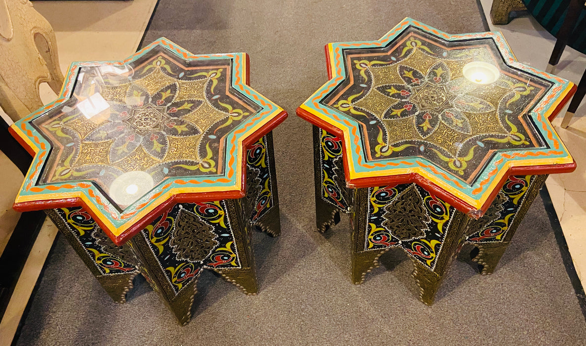 Pair of Hand Painted Star Shaped Black Brass Inlaid Moorish Side Tables