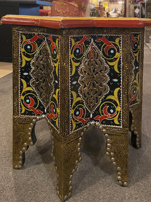 Pair of Hand Painted Star Shaped Black Brass Inlaid Moorish Side Tables