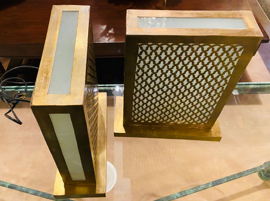 Moroccan Rectangular Gold Tone Table Lamps - A Pair