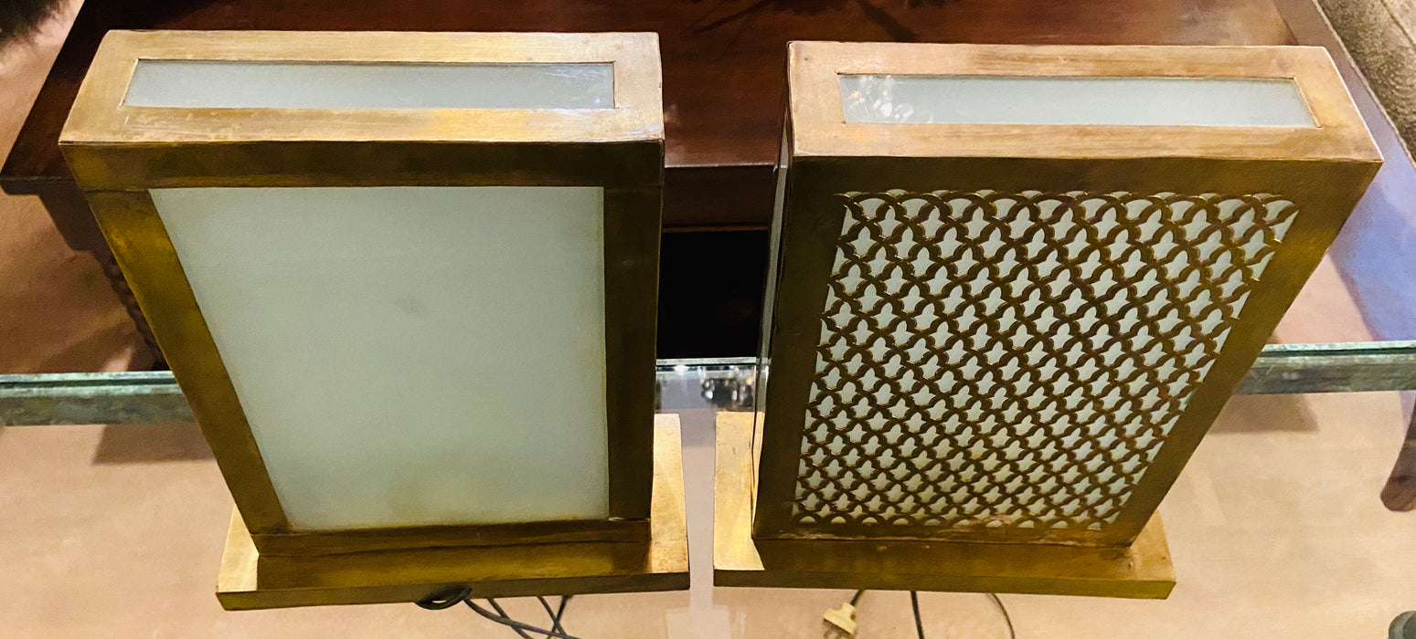Moroccan Rectangular Gold Tone Table Lamps - A Pair