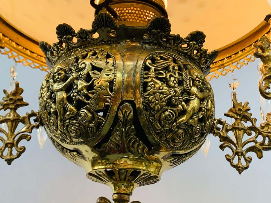 Victorian Brass and Opaline Round Shade Pendant or Chandelier