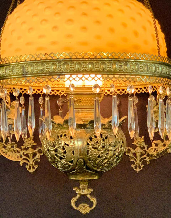 Victorian Brass and Opaline Round Shade Pendant or Chandelier