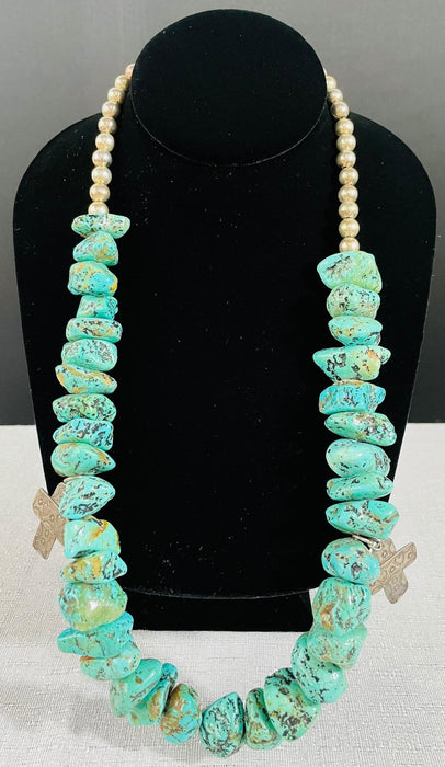Navajo Turquoise and Pearls Necklace with Sterling Silver Cross Pendants