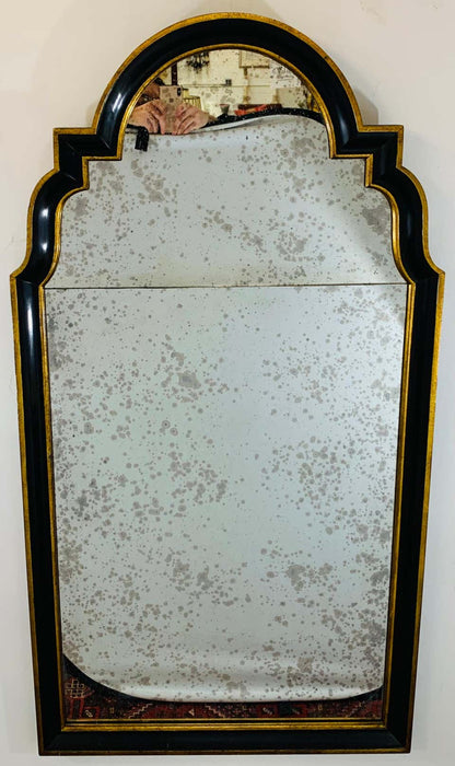 Hollywood Regency Ebony Black and Gold Antiqued Glass Wall or Mantel Mirror