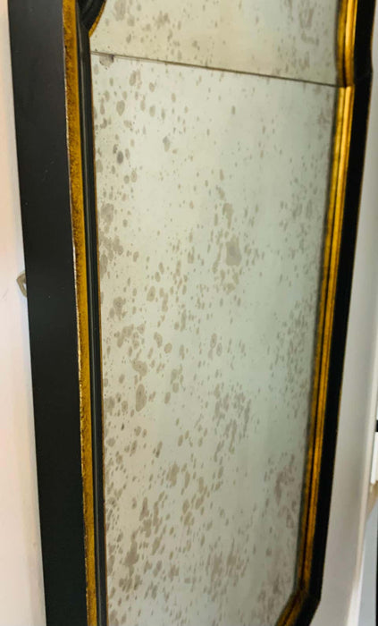 Hollywood Regency Ebony Black and Gold Antiqued Glass Wall or Mantel Mirror
