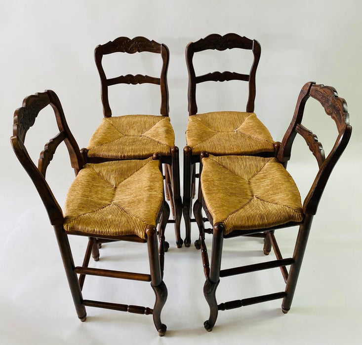 Louis XV French Country Style Walnut and woven wicker Seat Stool, Set of 4