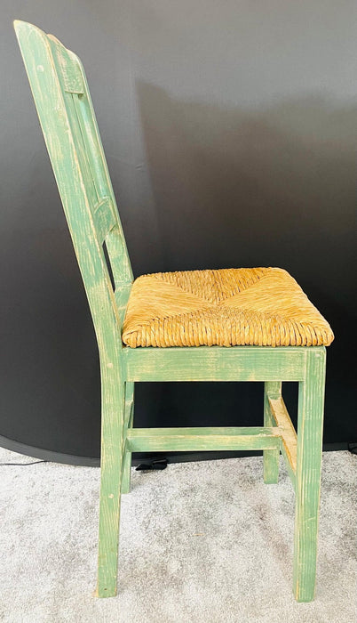 Vintage French Rustic Style Straw Wooden Bar Stool in Green Turquoise, a Pair
