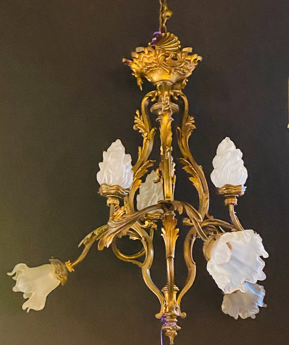 Louis XVI Style Bronze Chandelier with René Lalique Covered Shades