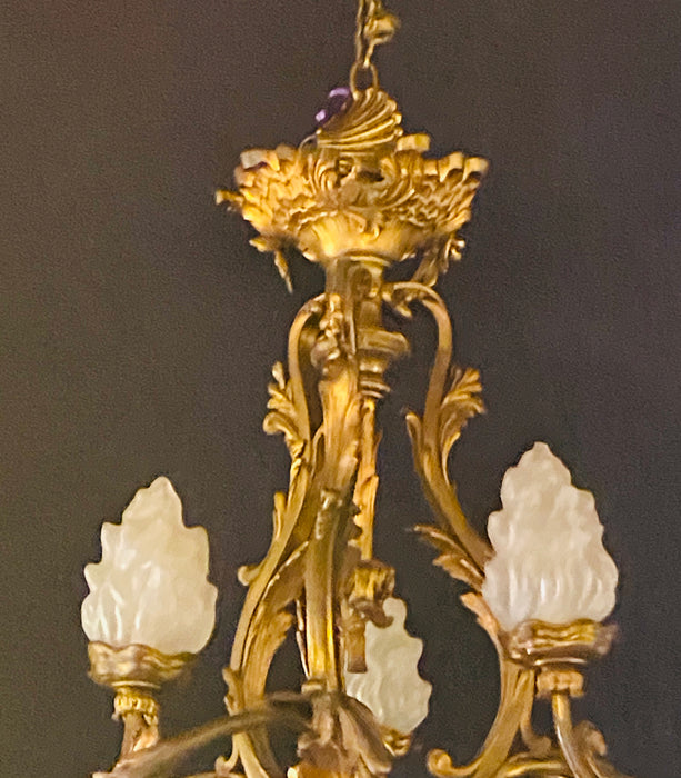 Louis XVI Style Bronze Chandelier with René Lalique Covered Shades