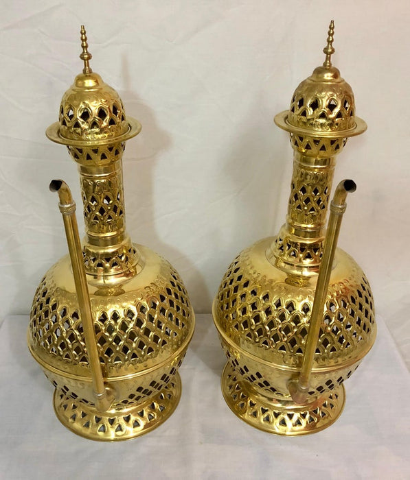 Pair of Large Tea Pot Aladdin Gold Brass Filigree Crafted Floor or Table Lamps