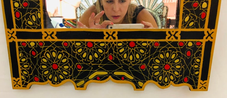 Moroccan Hand Painted Wall or Vanity Mirror in Black with Gold and Mustard