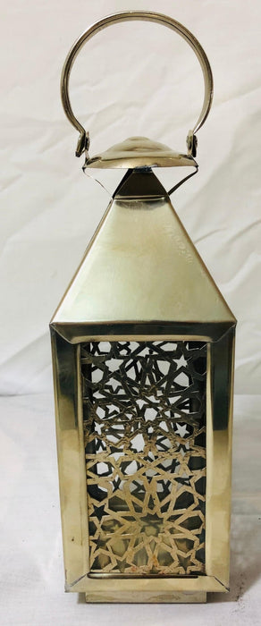 Moroccan Candle Lantern, Holder, White Brass in Arabesque Design, Set of Three