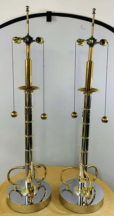 Mid-Century Modern Brass and Chrome Table Lamp, a Pair