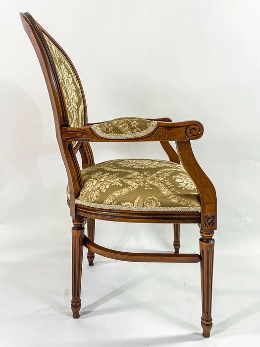 French Louis XVI Style Bergere Chair with Green Floral Upholstery, a Pair