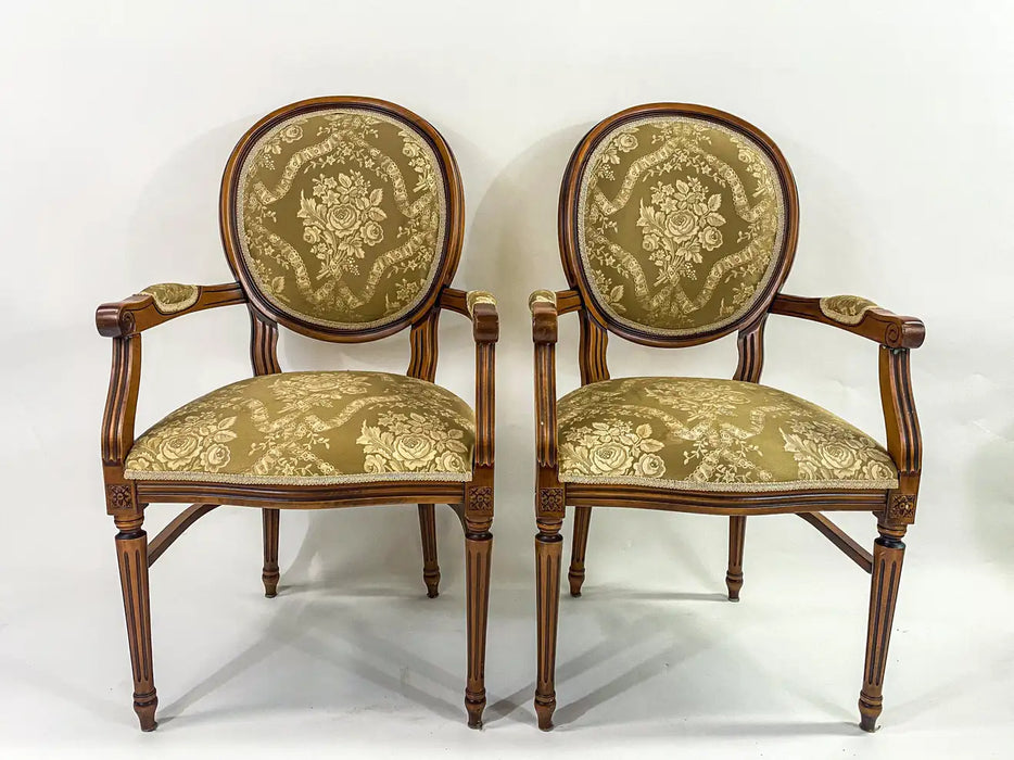 French Louis XVI Style Bergere Chair with Green Floral Upholstery, a Pair