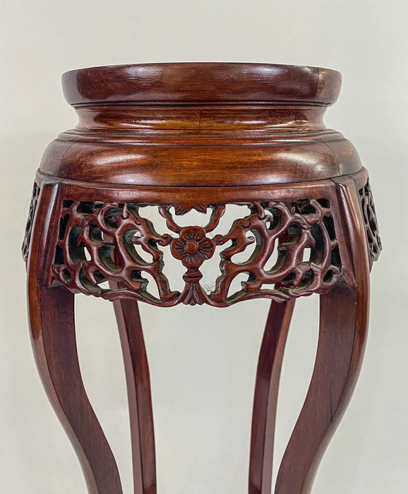 Oriental Chinese Carved Rosewood Pedestal, Plant Stand with Granite Top, a Pair