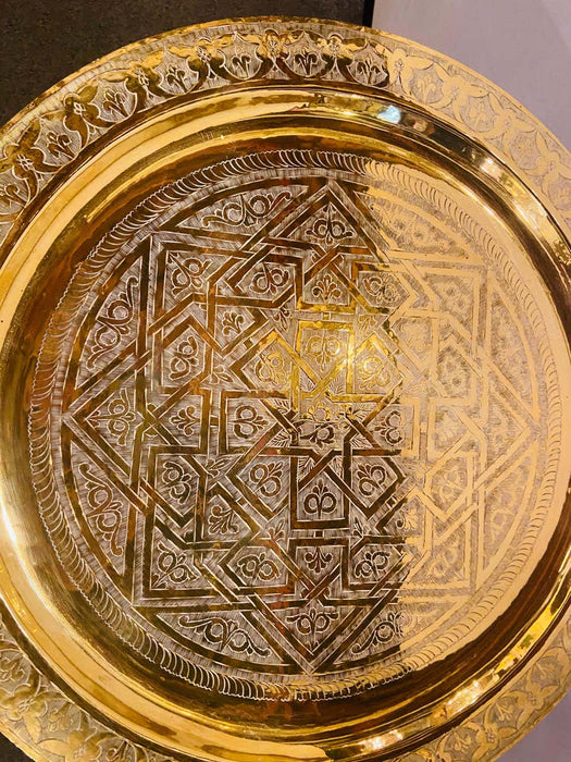 Moroccan Brass Tray with Hand Carved Wooden Ebonized Folding Base