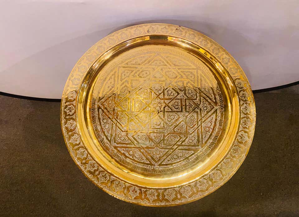 Moroccan Brass Tray with Hand Carved Wooden Ebonized Folding Base