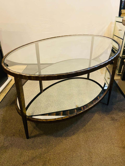 Oval Antiqued Metal Coffee / Low Table with Glass Top
