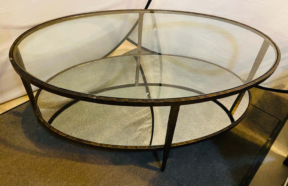 Oval Antiqued Metal Coffee / Low Table with Glass Top