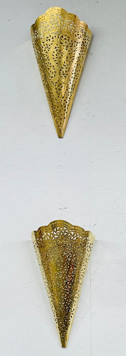 Moroccan Moorish Brass Cone Shaped Wall Sconce Shade, a Pair