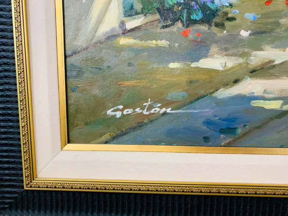 Landscape Village by the Lake Painting Framed and Signed Gaston