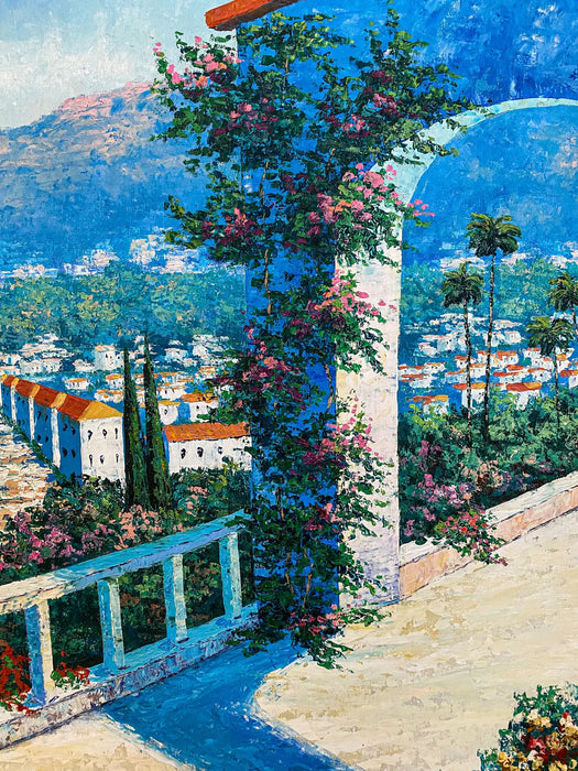 Impressionistic Coastal Town Print on Canvas Painting in Custom Gilt Wood Frame