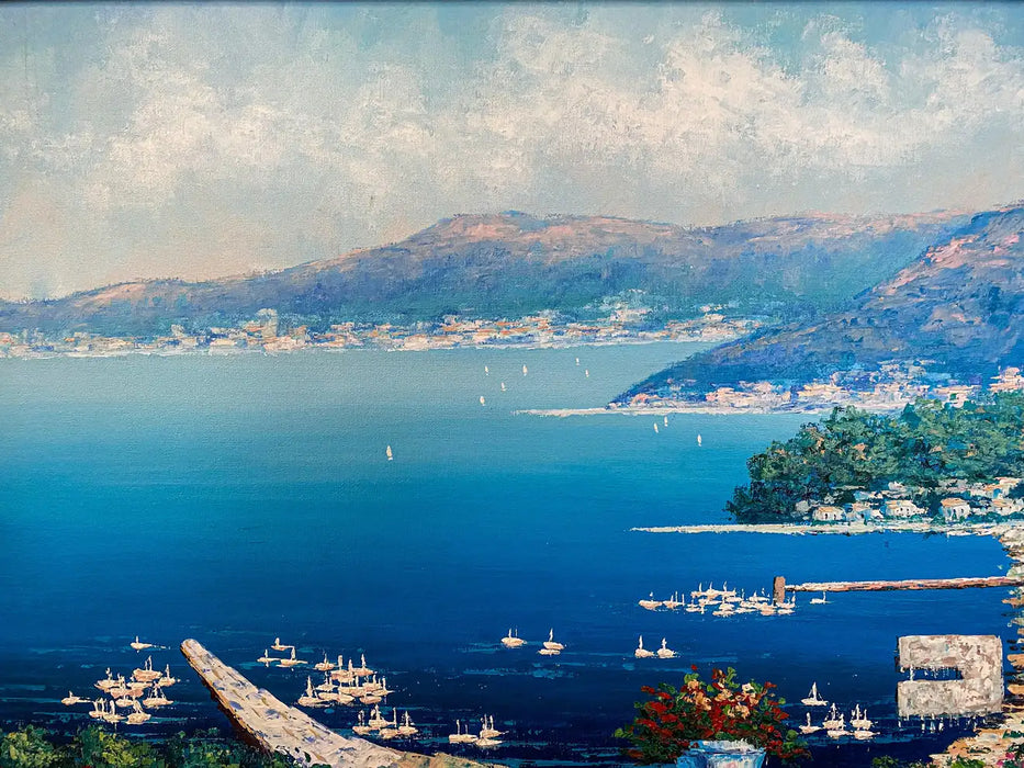 Impressionistic Coastal Town Print on Canvas Painting in Custom Gilt Wood Frame