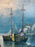 Large Marine Landscape Oil on Canvas Painting with Boats at a Dock, Signed