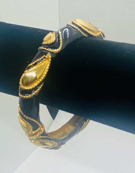 Vintage Maresco Black Enamel and Gold Tone Hinged Bracelet, a Pair