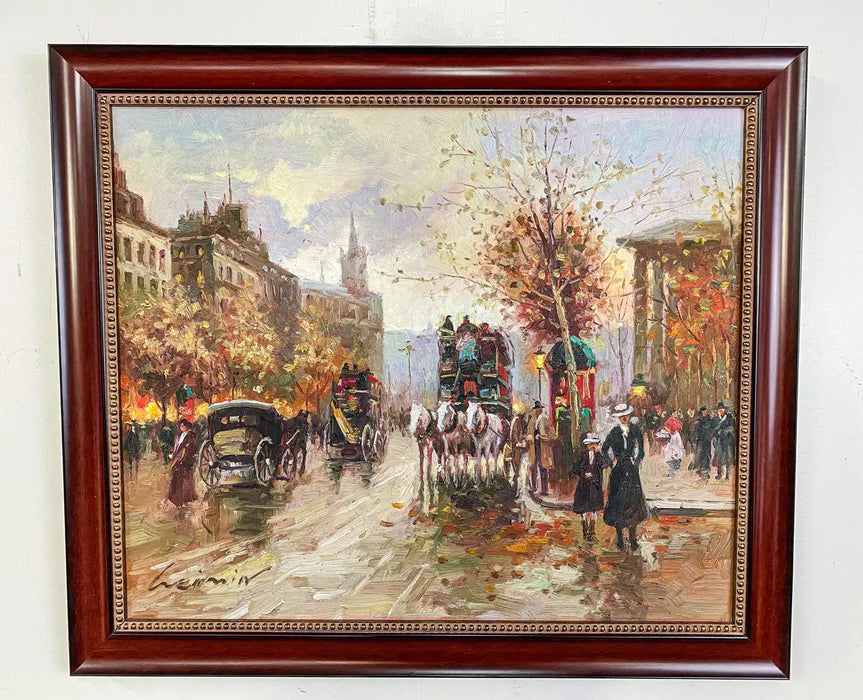 Mid Century Cityscape Oil on Canvas Painting, Framed and Signed