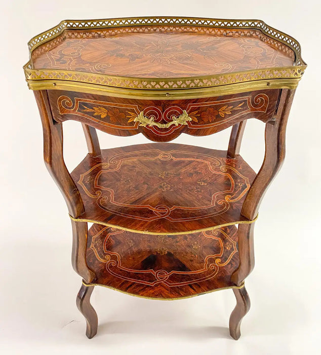 Charles Topino Style French Transitional Marquetry Design Side, End Table, Pair