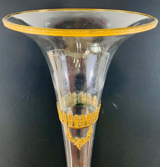 Antique Monumental Floriform Art Glass Glass Brass Mounted Vase