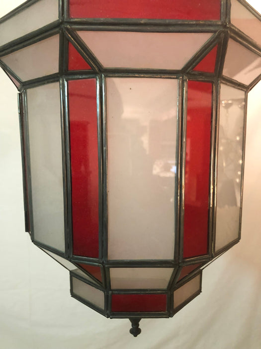 Art Deco Style White Milk and Red Glass Chandelier, Pendant or Lantern, a Pair