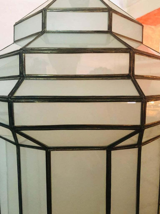 Large Art Deco White Milk Glass Handmade Chandelier, Pendant, Lantern, a Pair