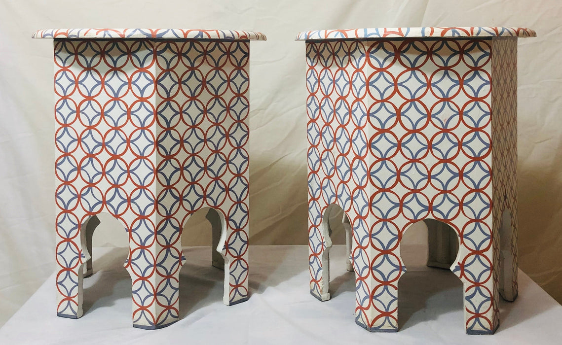 Pair of Moroccan Handmade End Tables in Orange, Blue and White