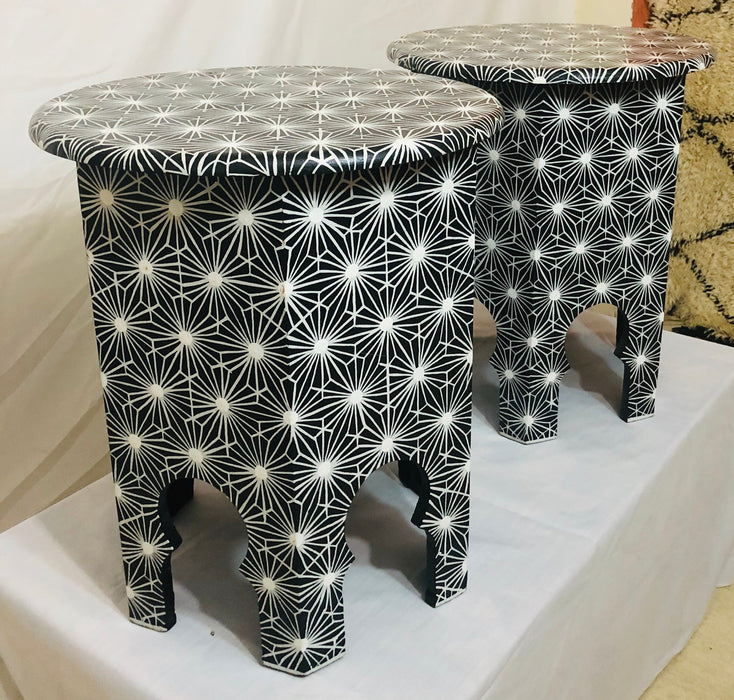 A Pair of Moroccan Handmade End Tables in Black and White