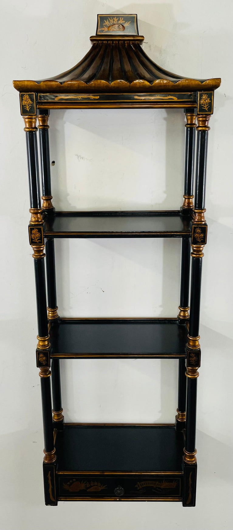 Chinoiserie Style Pagoda Form Faux Bamboo Wall Rack, 3 Shelves