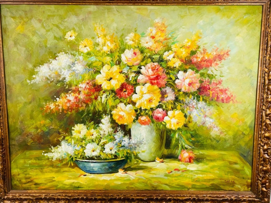 Large Sell Life Flowers Oil on Canvas Painting, Signed and Framed