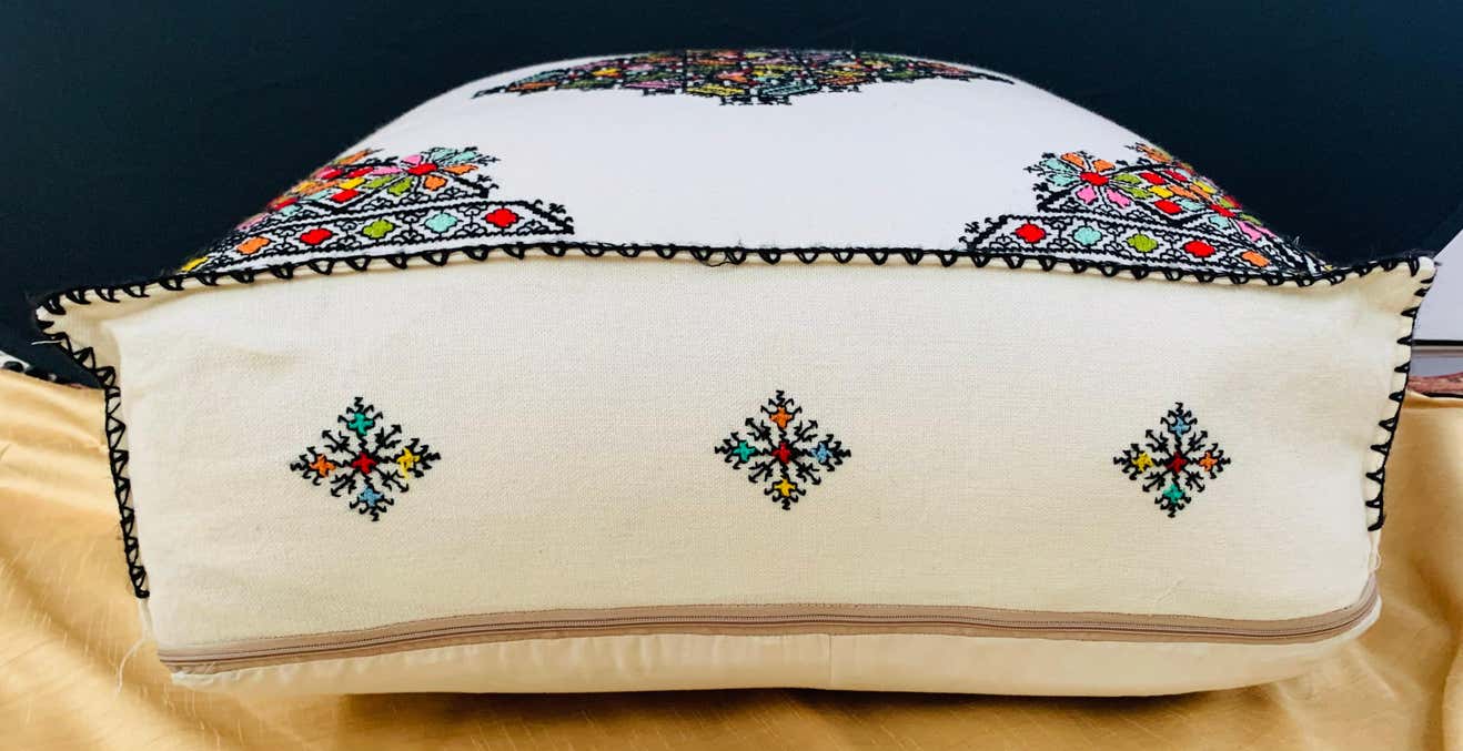 Moroccan Hand Embroidered Large White Ottoman, Cushion or Pouf