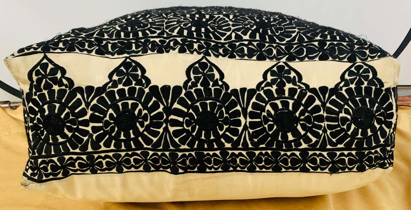 Large Vintage Moroccan Black and off White Square Ottoman or Pouf