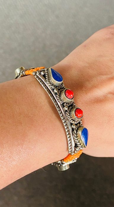 Moroccan Tribal Pure Silver Blue, Red & Orange Stones Bracelet 1950's